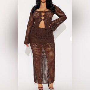 Fashion Nova Elsie Crochet Skirt Set - Chocolate Brown size L